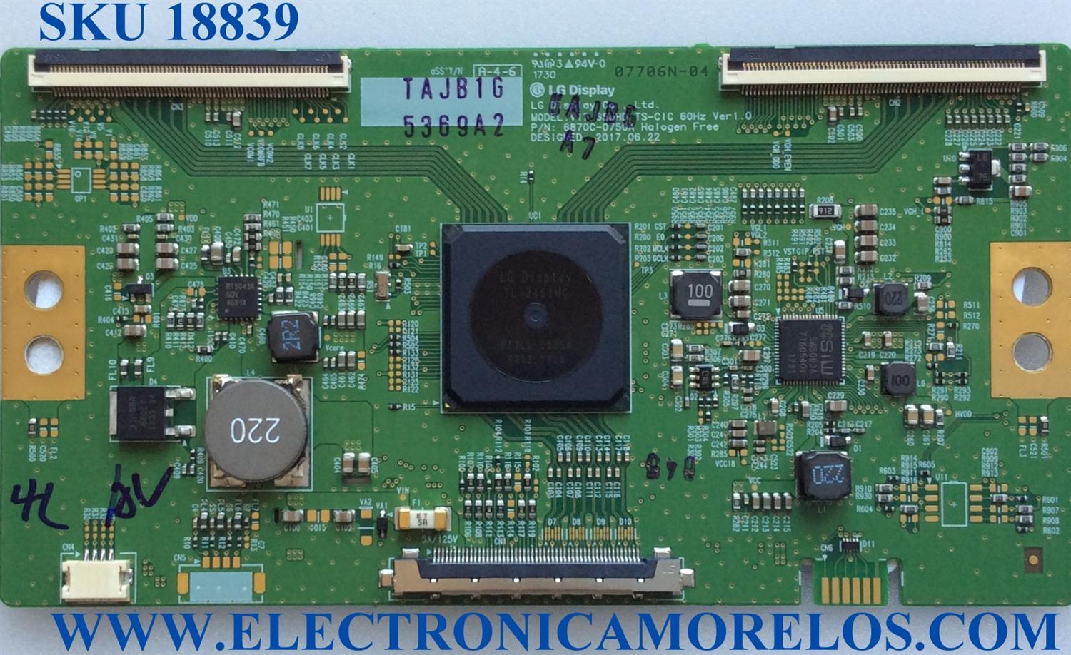 T-CON ORIGINAL PARA TV LG / NUMERO DE PARTE 6871L-5369A / 6870C-0750A / 5369A / PANEL LC65DEGE (FK)(M3) / LC650EGE (FK)(M5) / MODELO 65UJ6540-UB / 65UJ6540-UB.BUSYLJR / 65UJ7700-UA / 65UJ7700-UA.BUSYLJR